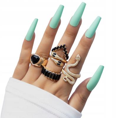Set Of 5 Gold Rings Retro Punk Vintage Snake Heart Black