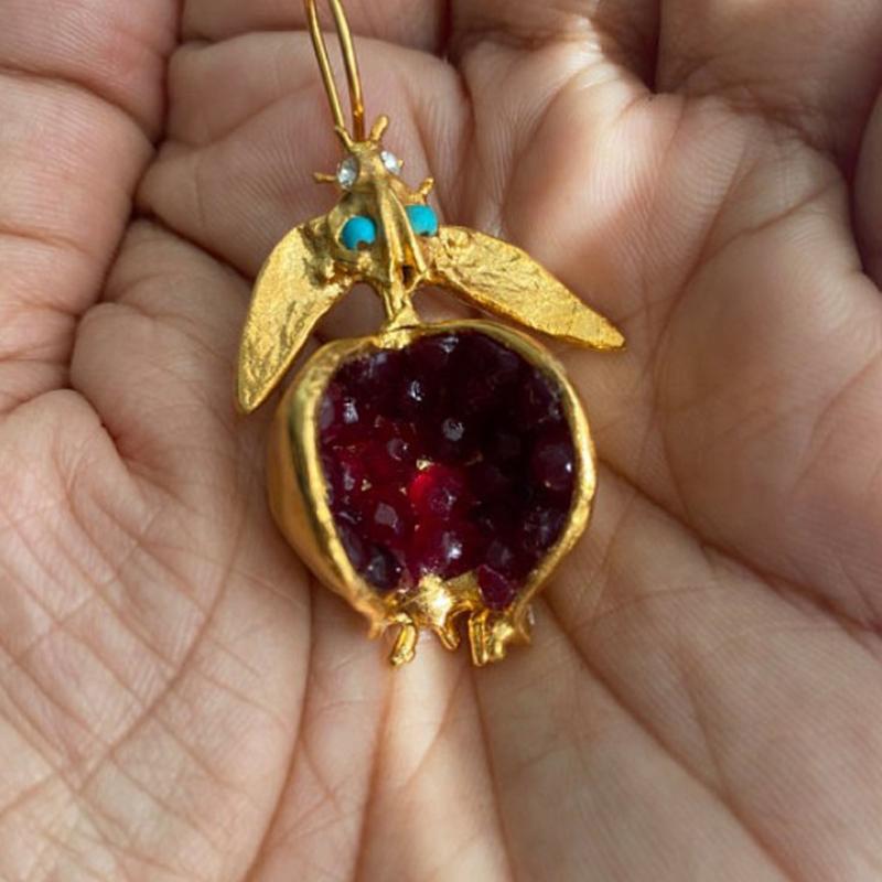 Vintage Fruit Red Pomegranate Crystal Drop Earrings for Women Fashion Zircon