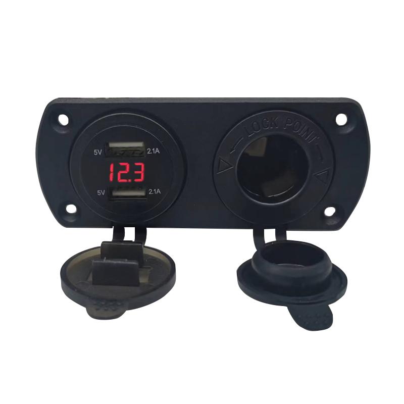 Two Hole Tent Base 4.2A Dual USB Voltmeter Charger 12V/24V Cigarette Lighter Power Socket for Car Motorcycle Boat Marine ATV RV