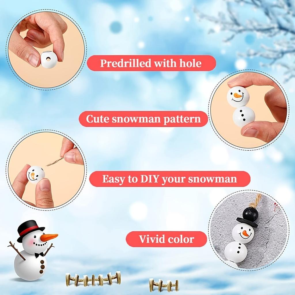 50pcs/100pcs Christmas Snowman Wooden Beads With Jute Twine Unfinished Winter White Round For DIY Crafting Making Holiday Party