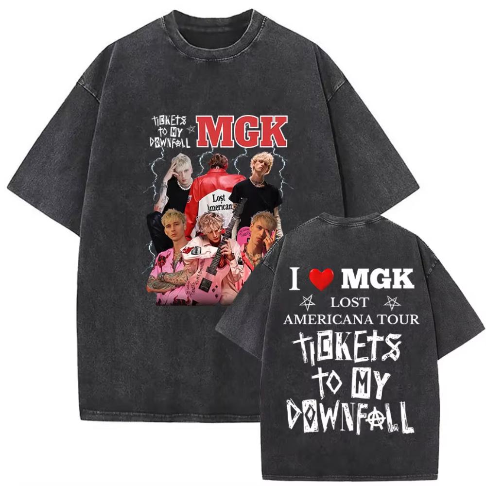 Vintage Washed MGK Lost Americana Tour Print Tshirts Men Women Harajuku High Quality Fashion Oversized Cotton T Shirt