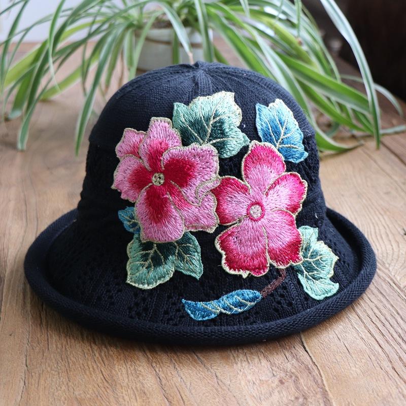Vår og sommer etnisk vind broderi blomst sammenleggbar hatt dame strikkelue sandbøttehatt