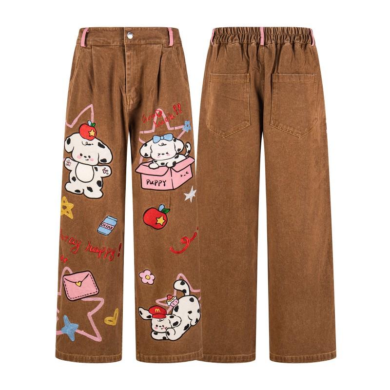 American Retro Dalmatian Patch Embroidered Wide Leg Jeans Unisex Loose Straight Casual Pants