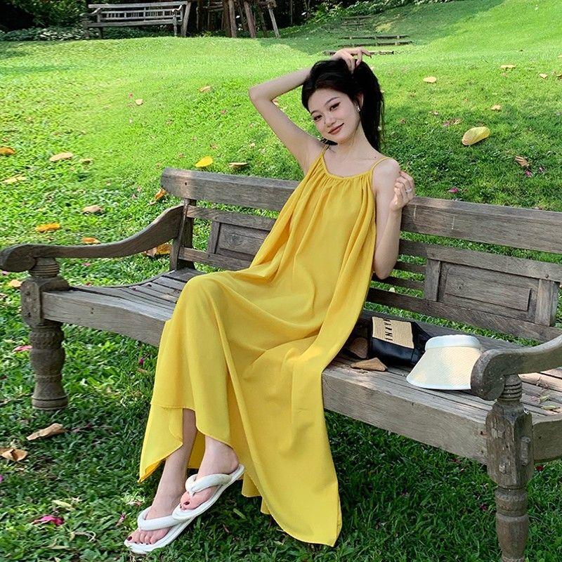 Hainan Sanya vacation beach dress sexy loose backless dress Xishuangbanna suspender design long dress summer