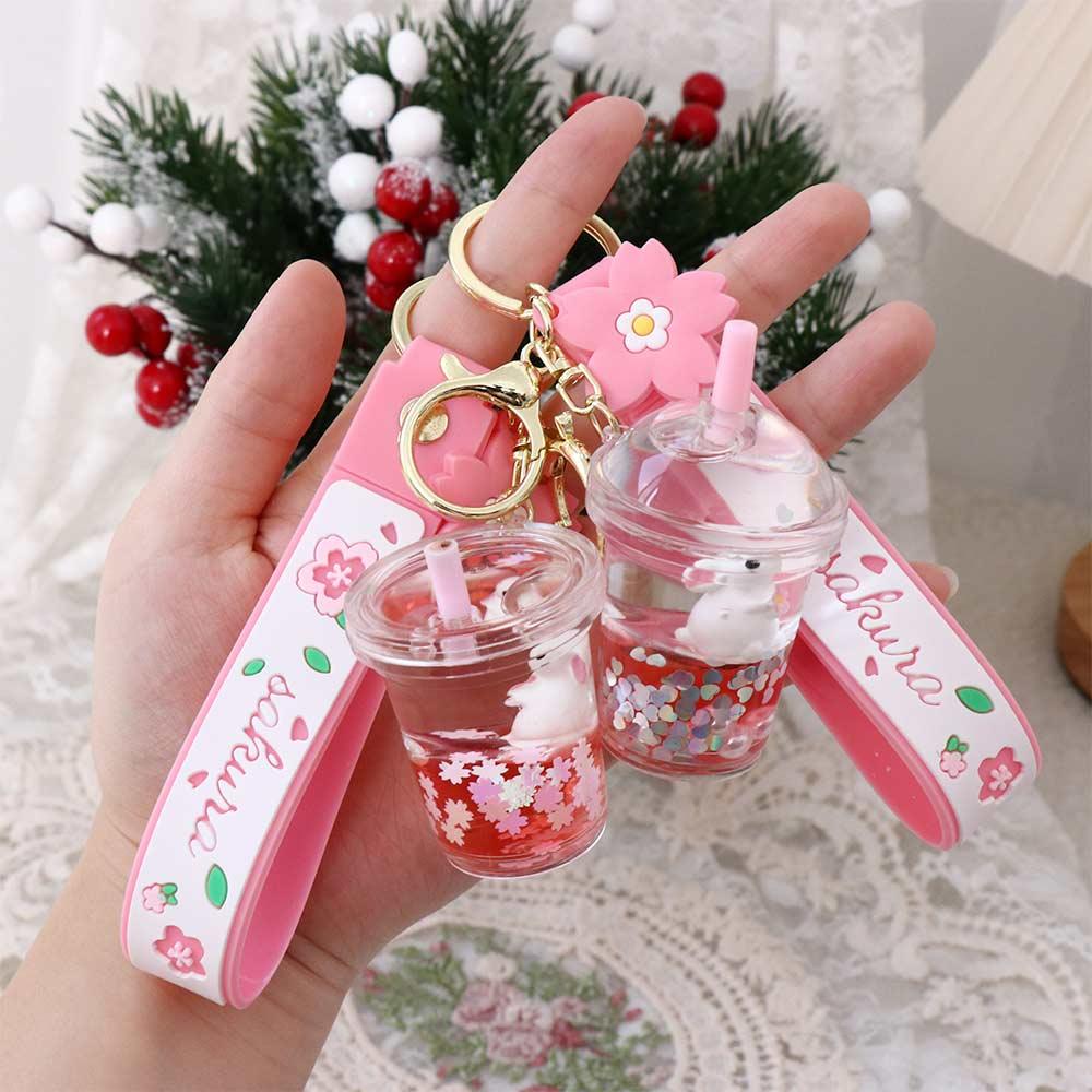Moving Liquid Cherry Blossom Boba Keychain Rabbit Milk Tea Cup Keyring Liquid Keychain Key Ring