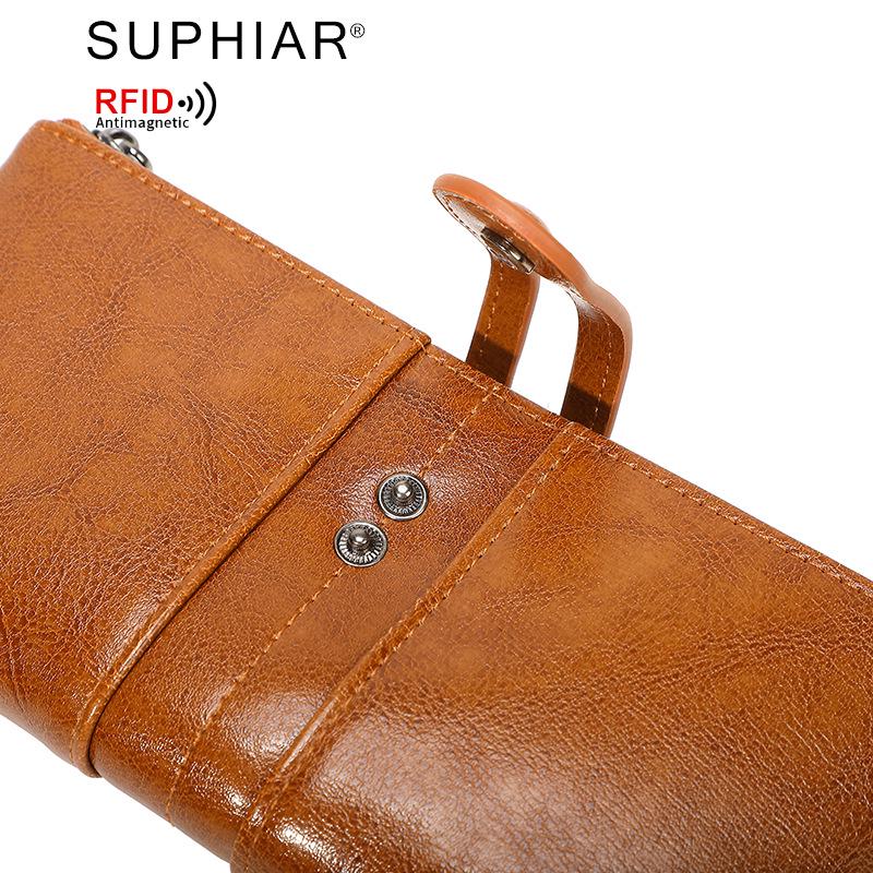 2025 RFID-Blocking Anti-Magnetic Women's Retro Oil Wax Leather Clutch/Long Wallet.