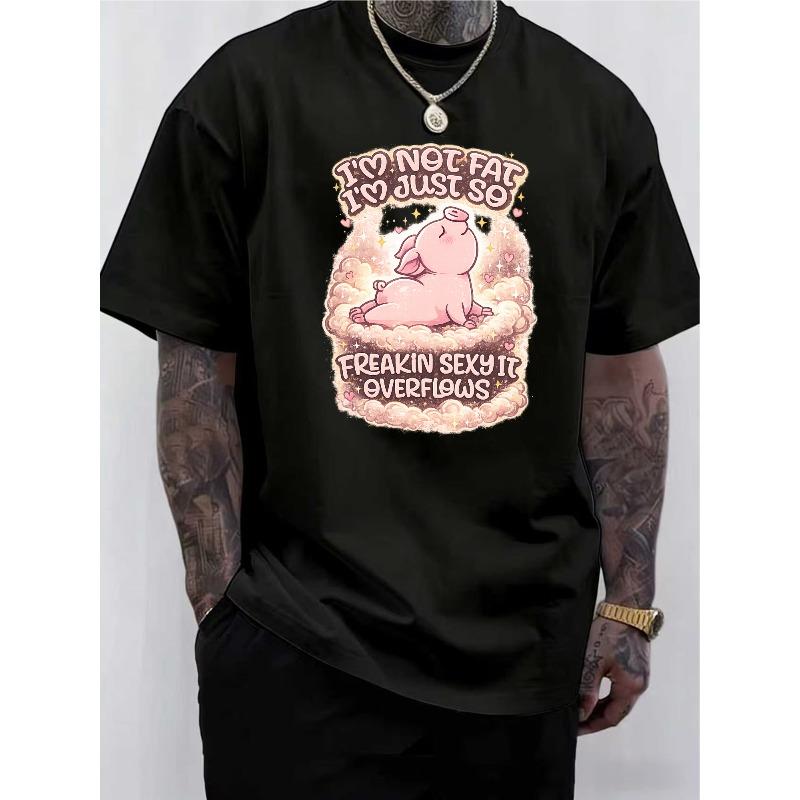 

Европейские размеры Мужская футболка с забавным принтом | Слоганом с изображением розовой свиньи | Мягкий, средней эластичности трикотаж, Удобный и универсальный топ S чёрный