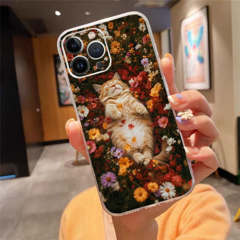 Phone Case For iPhone 17 Pro Max Air 16 15 14 13 Pro Max 15 16 Pro 15Plus Flower Cat Silicone Cover