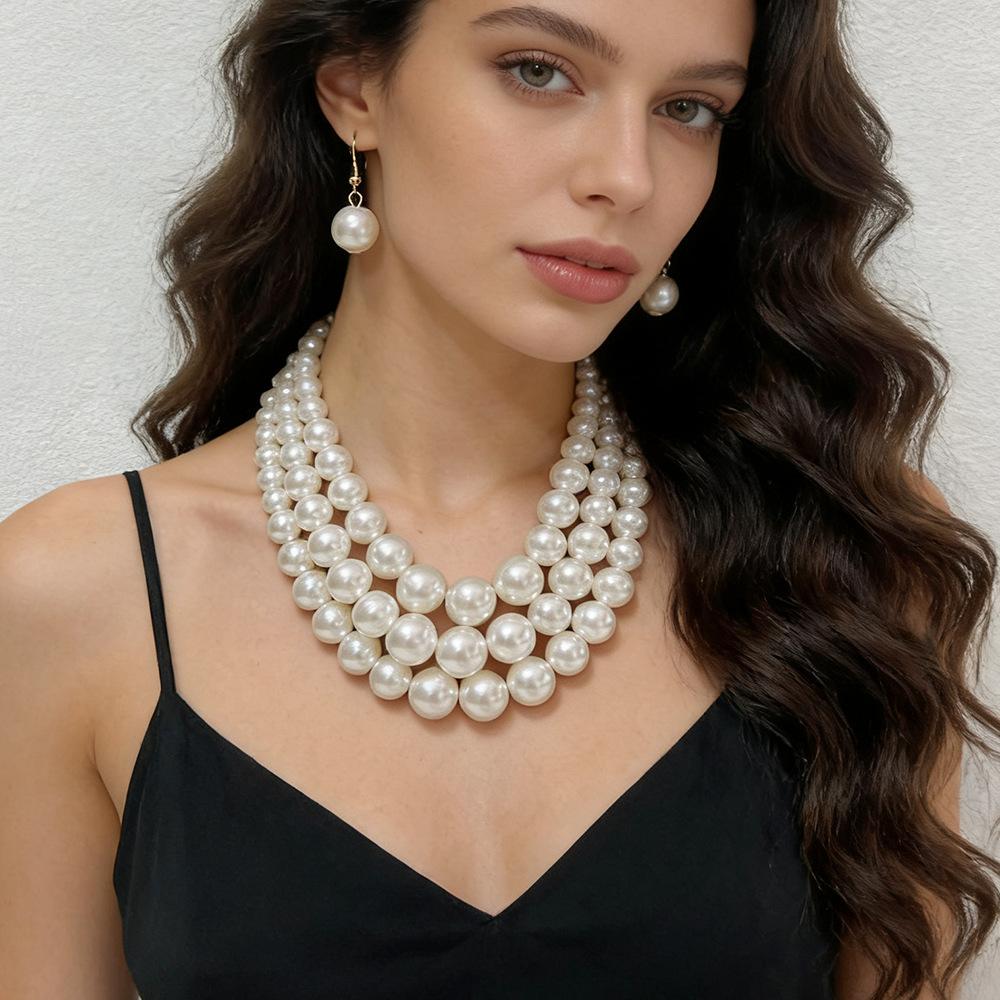 Multi-layer Imitation Pearl Necklace Party Dress Collar Chain Fashionable Beaded Luxury Retro Jewelry