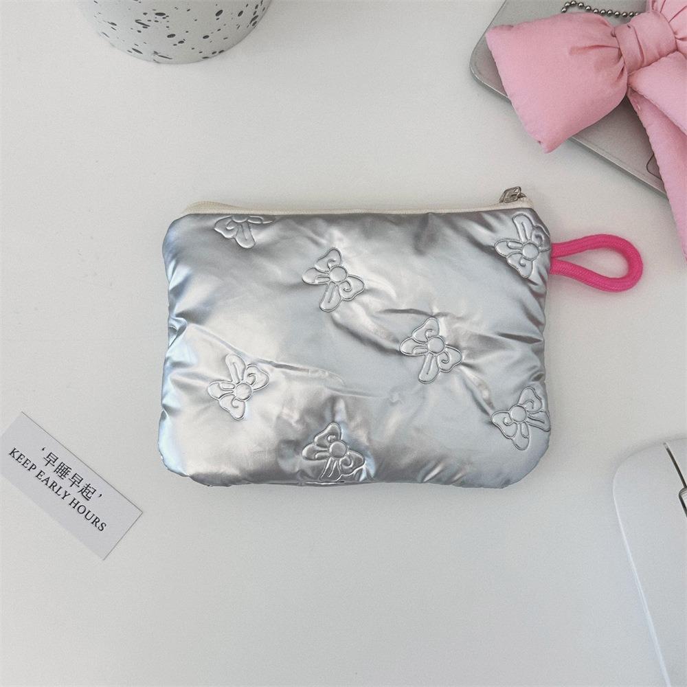 Silver Bow Pattern Coin Purse Women's Earphone Coins Keys Wallet Organizer Zipper Pouch Cosmetic Bag New