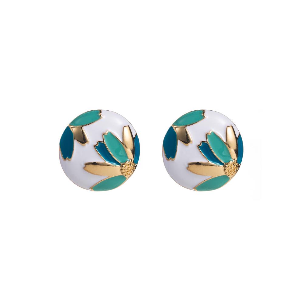 European-American Summer Floral Pattern Drop Oil Alloy Stud Earrings - Women's Fashion Round Flower Design