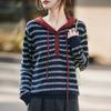 Damski sweter z kapturem w paski, dzianina z mieszanki wełny, casualowy, oversize, pulower, top, do biura, na co dzień