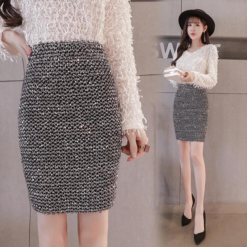 WTEMPO Women's Black Sequin Mini Skirt Summer Bling Club Slim Skirts Stretchy Bodycon Pencil Short Hip Wrap Skirt for Party
