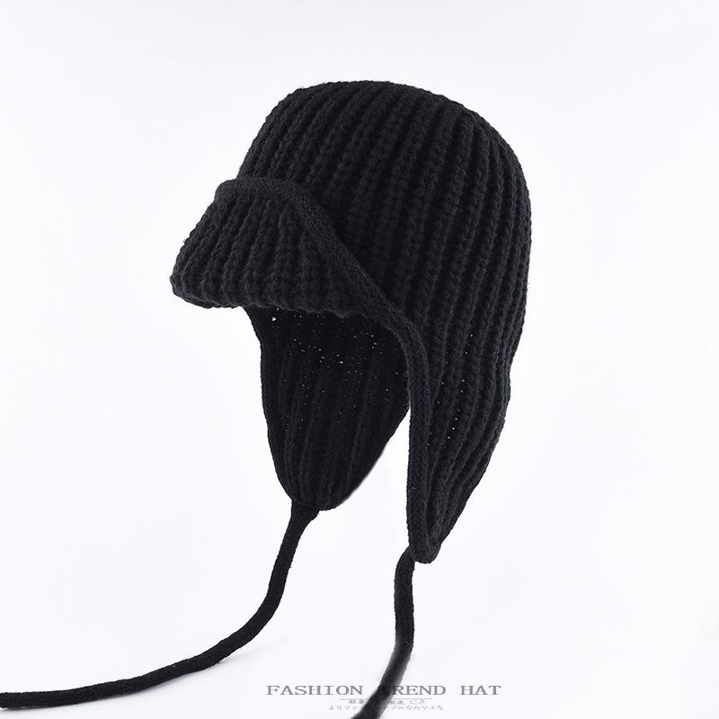 Korean version of ear protection knitted wool hat children's autumn and winter thermal hat men's solid color strap flying ski hat tide