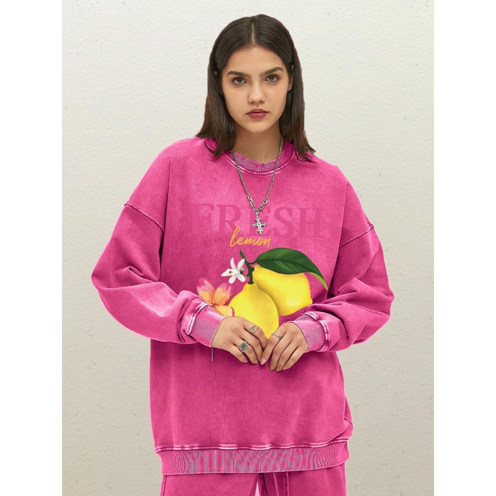 Fresh Lemon Fruits Flower Print Washed Sweatshirt Women Loose Comfortable Pullover Crewneck Clothes Fashion Cotton Sportswear