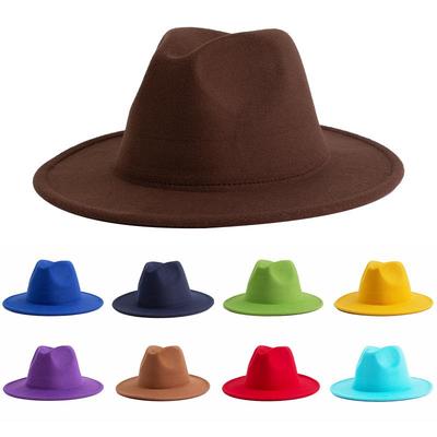 Tek Renk Retro Caz Fedora - İngiliz Centilmen için Etnik Tarz Geniş Kenarlı Yün Keçe Şapka