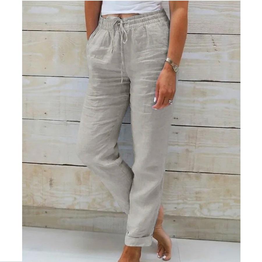Ladies' high waisted elastic waisted solid color cotton and linen casual pants