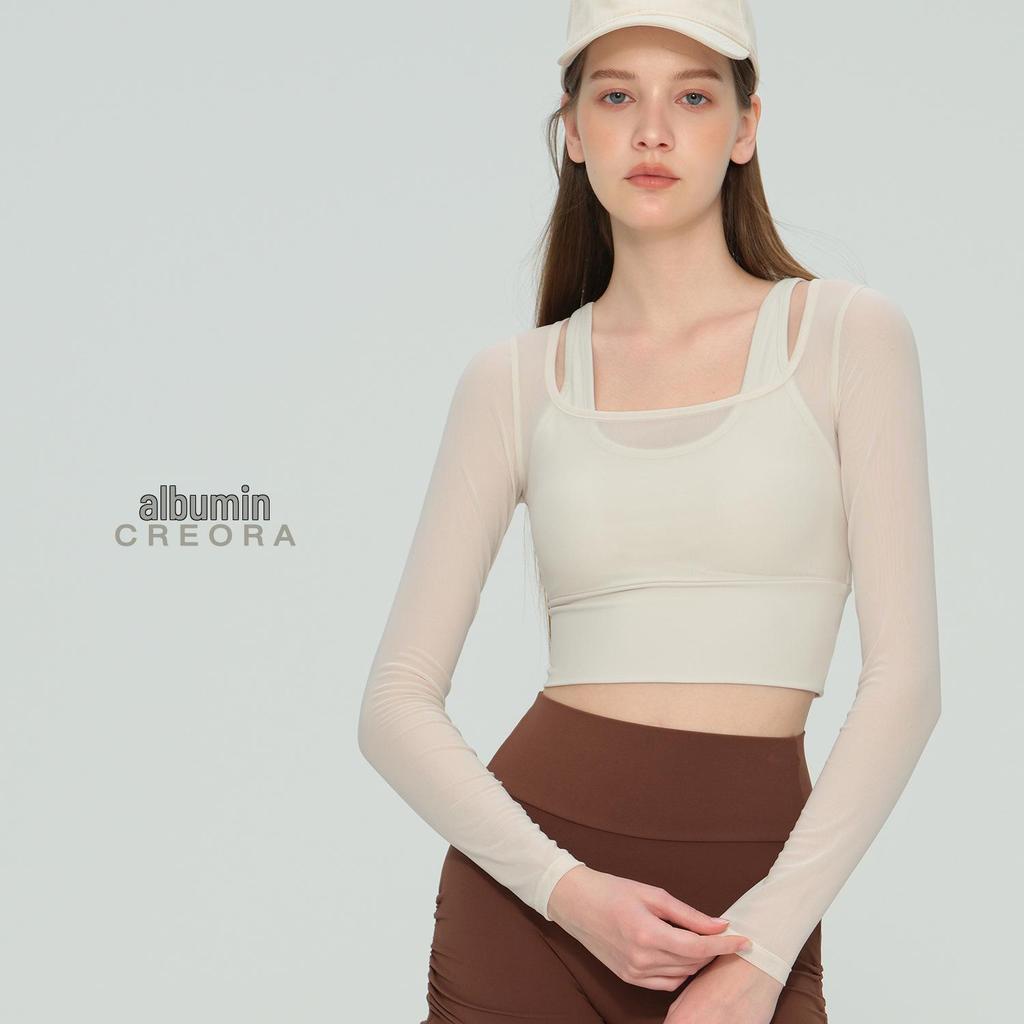 Women's Two-Piece Mesh Long Sleeve Yoga Top with Chest Pads - Ideal for Running, Pilates, and Fitness.
