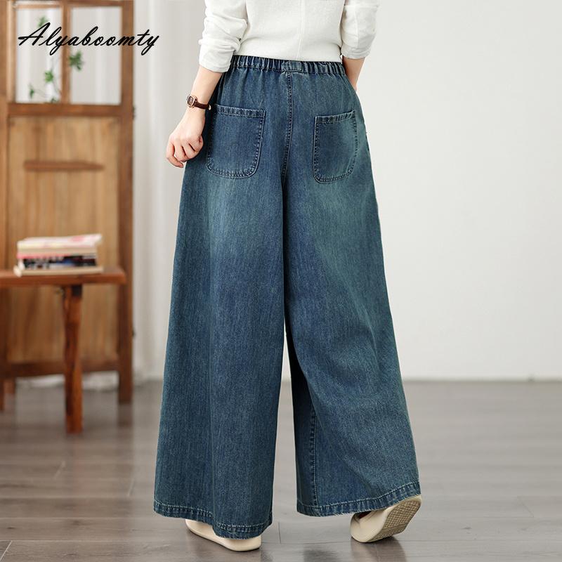 Spring Fall Large Size Women Vintage Jeans High Waist Drawstring Floral Embroidery Retro Straight Denim Pants Classical Oversized Blue Wide Leg Jeans