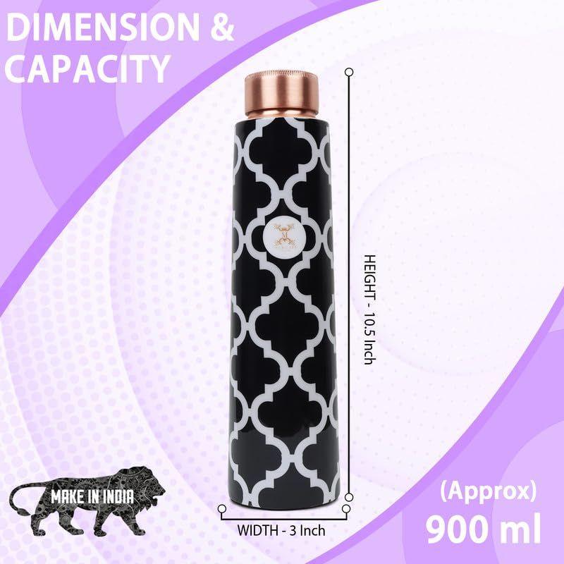 Copper Water Bottle with Ample Multi Colored Printed Design, Joint Less, Advanced Leak Proof , , and Yoga Health Benefits (900 Ml Bottle)