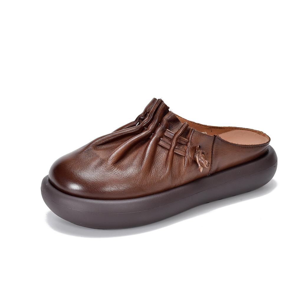 Johnature Soft Soled Round Toe Comfortable Outdoor Slippers Genuine Leather Versatile Women's Shoes