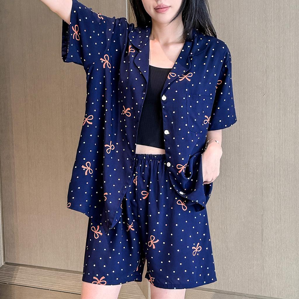Sweet wind polka dot cotton and silk pajamas women's summer short-sleeved shorts lapel thin can be worn outside loungewear high-end suit