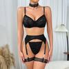 Set de lenjerie elegant pentru femei, cu imprimeu leopard negru flocat, transparent, cu sârmă și push-up, cu jartieră pentru picior