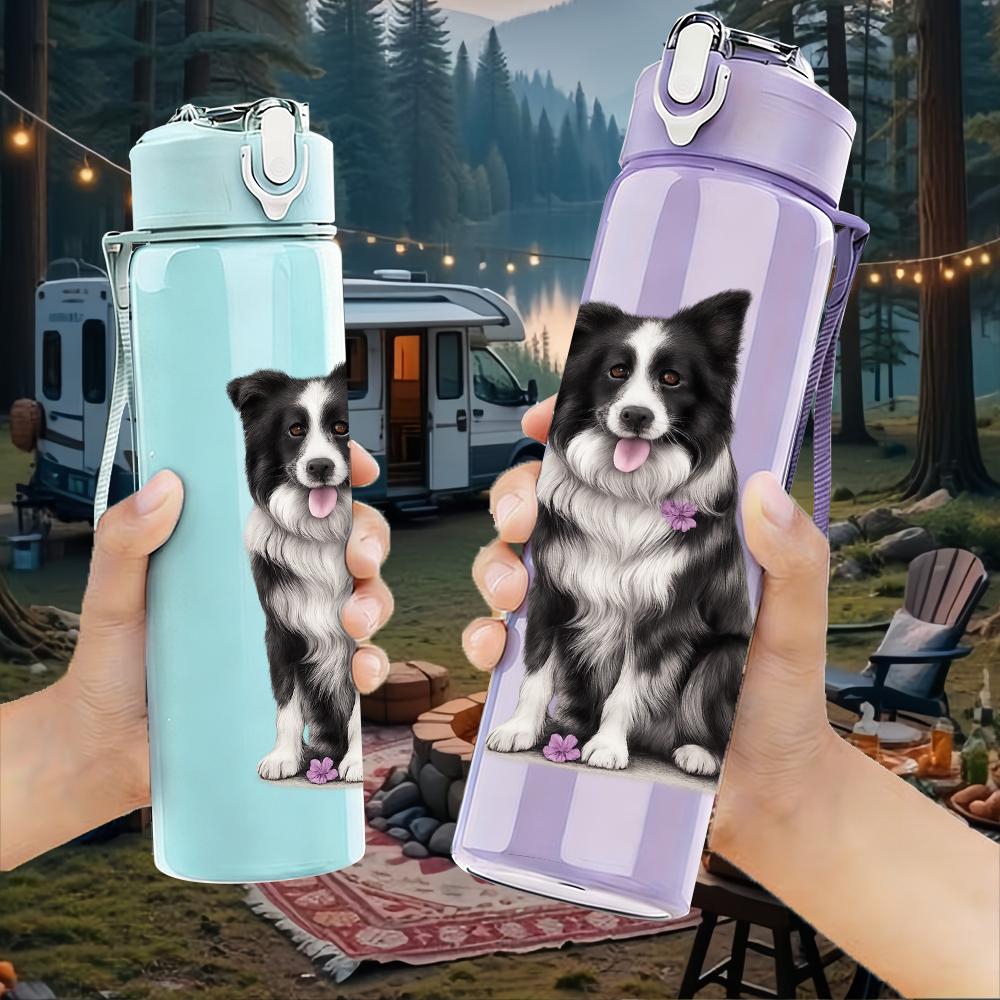 1pz Bustino Floreale Border Collie 750ml Bottiglia d'Acqua in Plastica Colorata Tappo Flip-Top con Cannuccia Anti-Perdita Per Sport Ufficio Uso Domestico