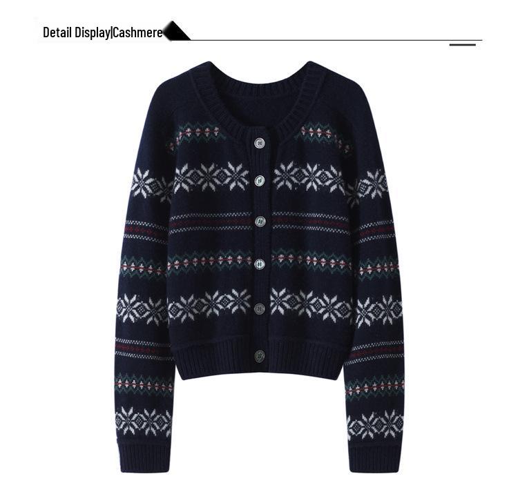 Cashmere Women's Retro Jacquard Loose Knit Cardigan - Old Money Style, Autumn Winter Fair Isle