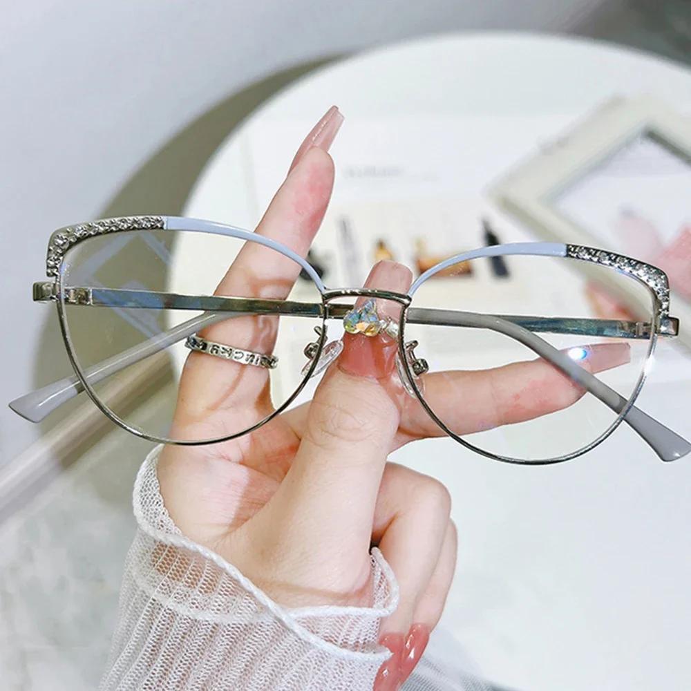 New Cat Eye Diamond Metal Glasses Frame Myopia Frames Optical Eye Glasses Fashionable Elegant Anti Blue Light Flat Glasses