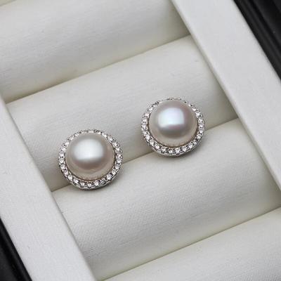 Orecchini a bottone con perle vere da donna, orecchini di perle naturali d'acqua dolce bianche gioielli da sposa in argento 925