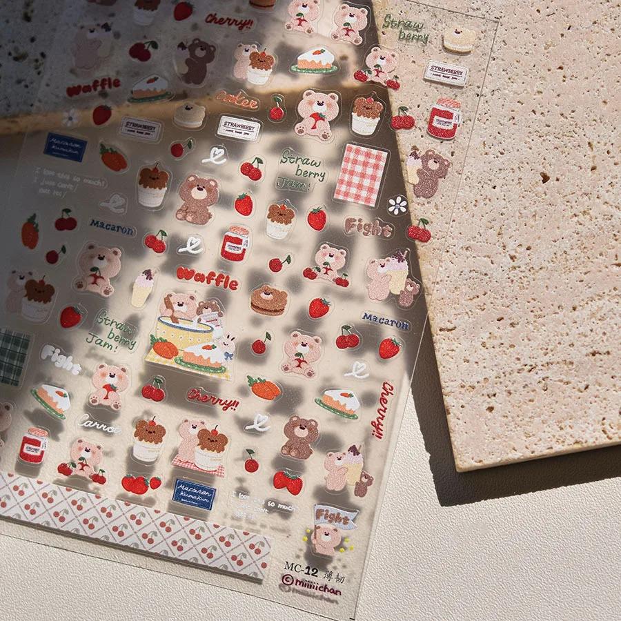 Cute Animals Bear Dog Cake Sweet Cherry Grid Bowknot Star Line Fruit Relief Self Adhesive Nail Art Stickers 5D Manicure Decals