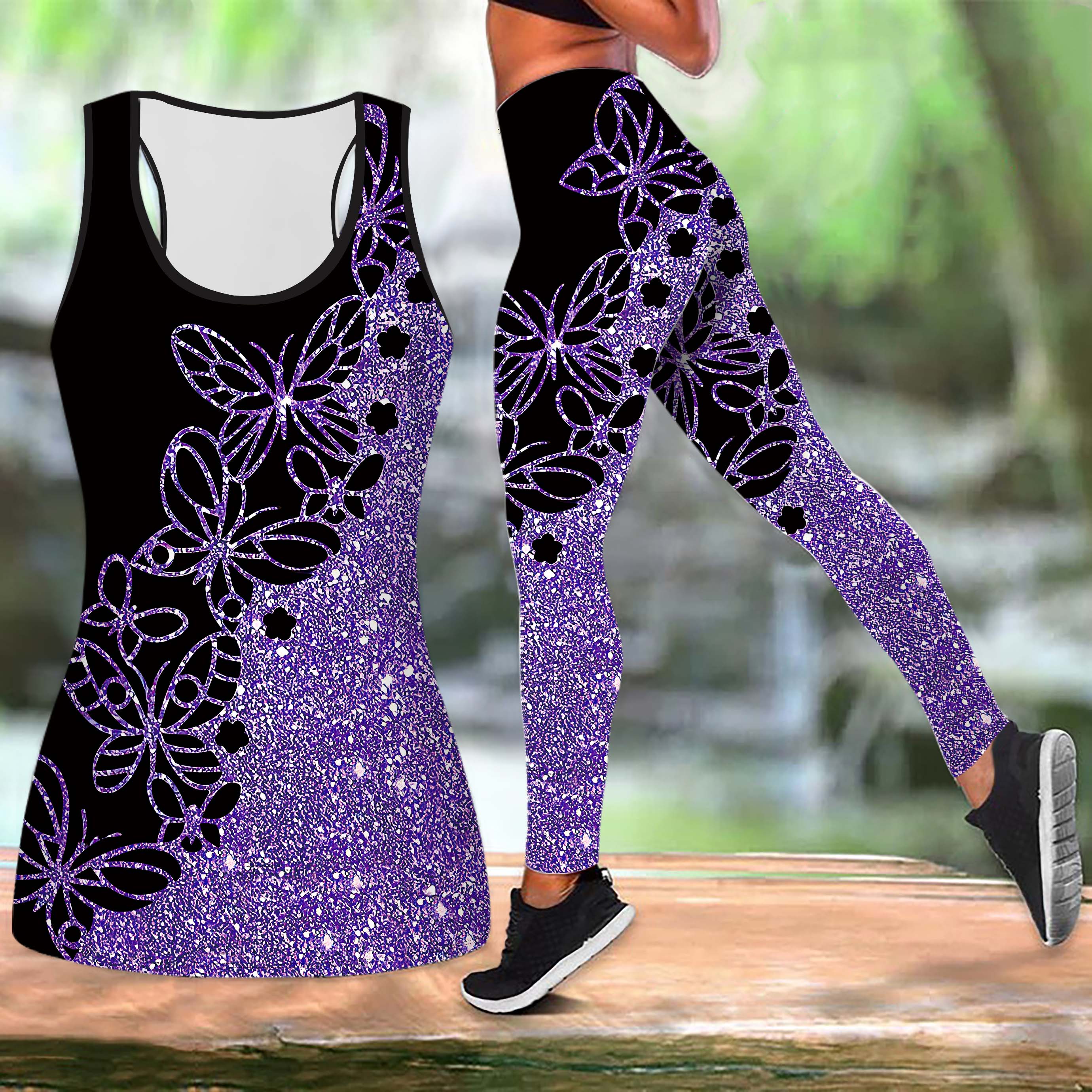 

Пластиковий одяг для йоги з принтом метеликів для жінок Модні легінси для тренувань Фітнес Спорт Повсякденний набір для йоги Спортивний костюм XS чорний