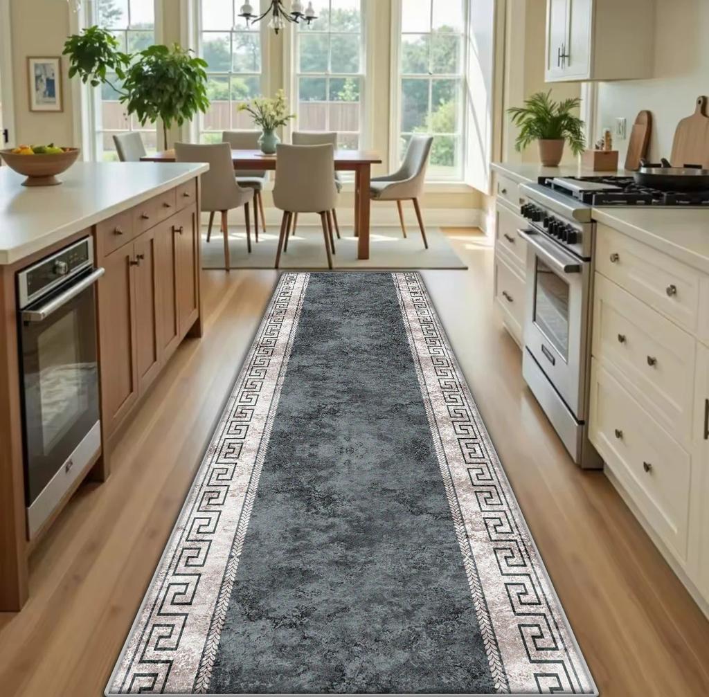 Luxury Greek Key Marble Runner Rug, Modern Grey Geometric Long Floor Mat for Kitchen Hallway, Non-Slip Washable Carpet