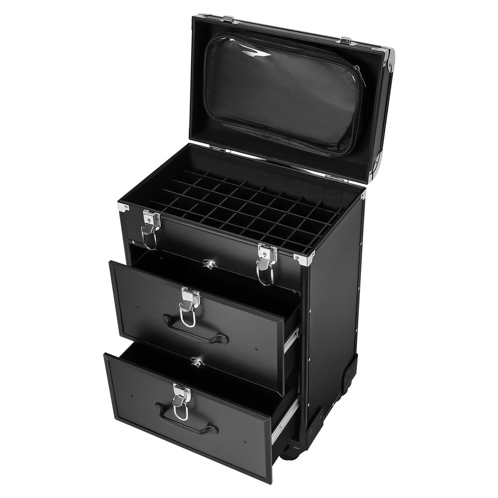 Professional Barber Case w/ Wheels,Rolling Nail Case,Rolling Makeup Cases with Wheels and Drawers, Salon Barber Cases for Makeup nero