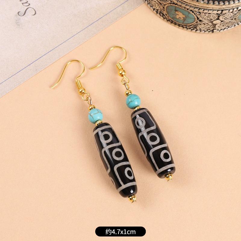 Original design Tibetan nine-eye dzi bead agate earrings retro literary tiger tooth earrings Chinese earrings women