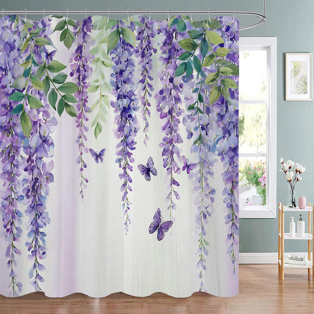 Monika Chen Purple Flowers And Butterflies Shower Curtain, Bathroom Decorative Shower Curtain, Waterproof Shower Curtain With Hooks