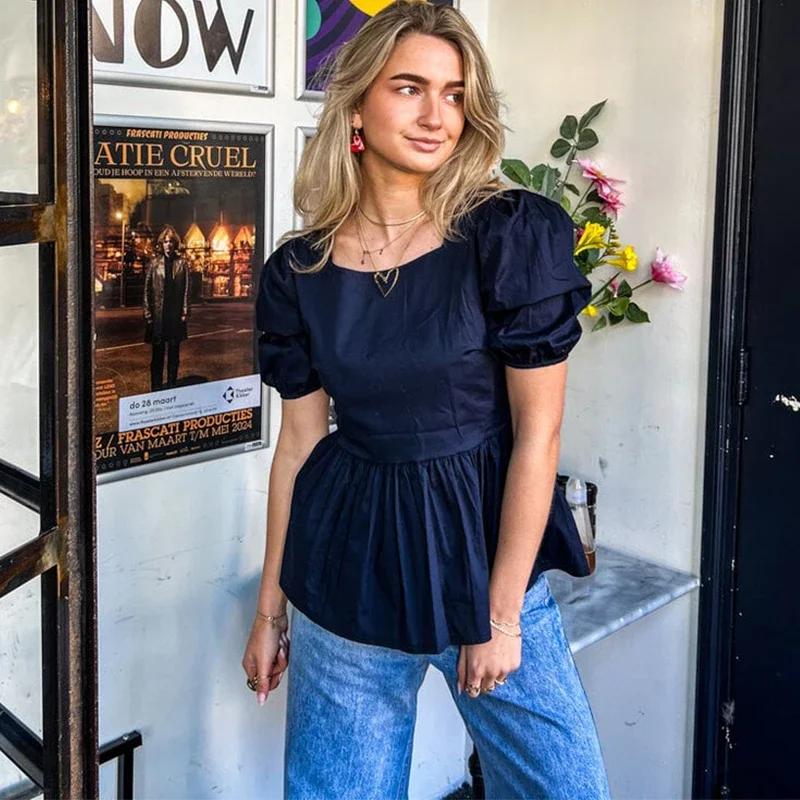 

Рубашка с коротким рукавом и открытой спиной, женская, повседневная, белая, со шнуровкой, свободная, большого размера, блузка с квадратным воротником и рукавами-фонариками, весна-лето L чёрный