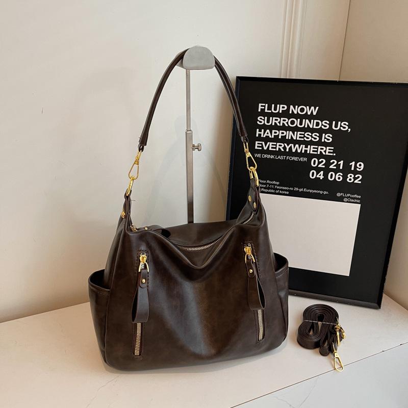 New Retro Handbag Bag Women's Bag Trendy Commuter Tote Bag Double Zipper Oily Leather Shoulder Messenger Bag