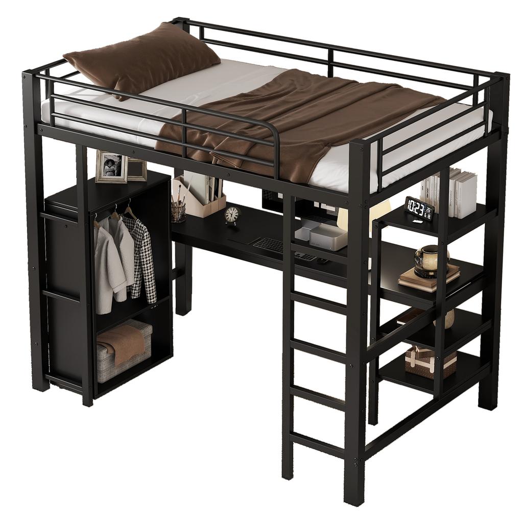 Cama de hierro, litera, adecuada para niños y adolescentes, mesa y armario, compartimentos de almacenamiento, escalera de 5 peldaños, hierro+tablero de partículas, negro, 90x200cm