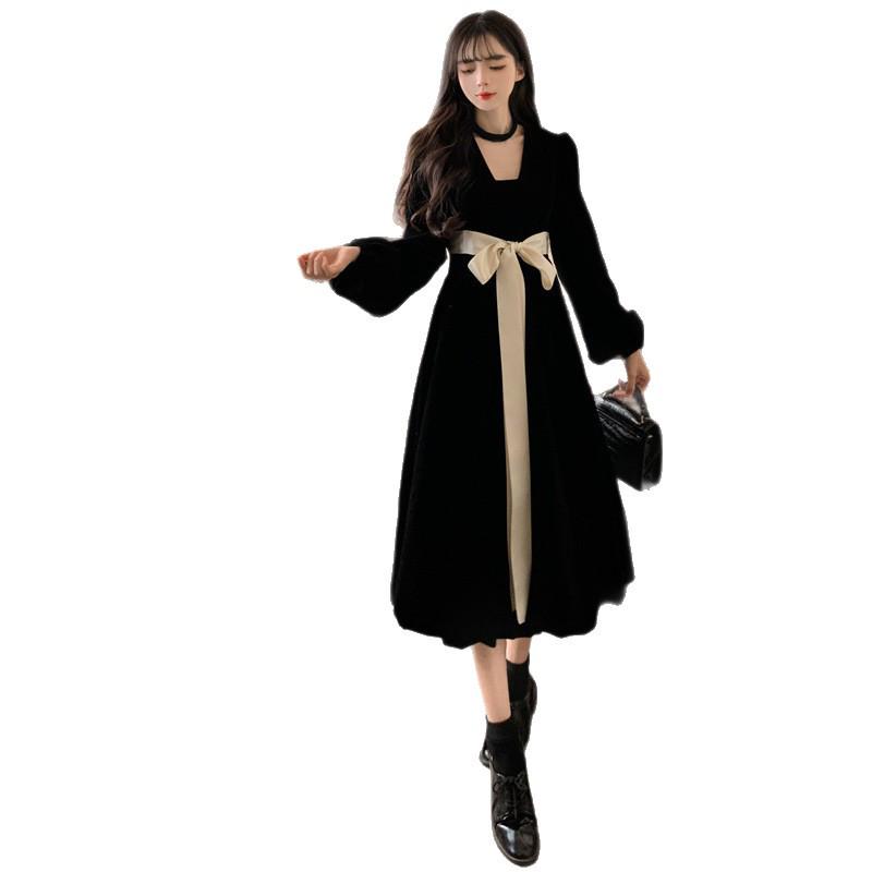 Plus Size Velvet French Lace-Up Bow Long Black Dress