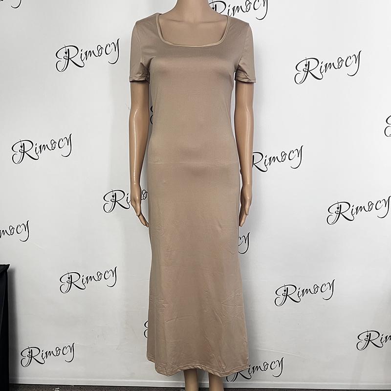 2025 Summer Solid Color Slim Long Dress Women Short Sleeve Skinny Bodycon Maxi Dresses Woman Square Collar Party Vestidos Mujer