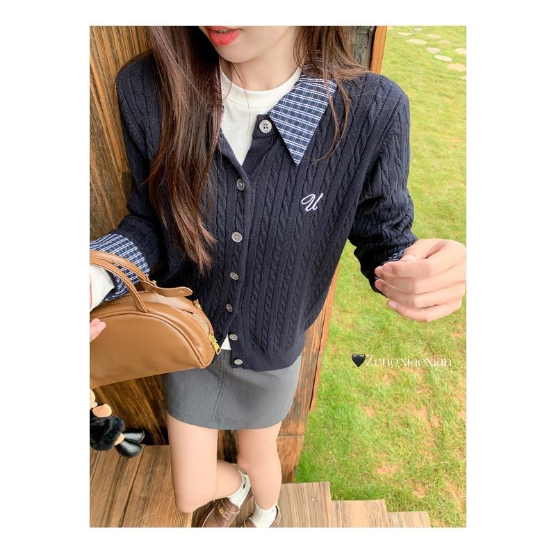 Plaid Polo Collar Fake Two-piece Twist Long-sleeved Sweater for Women To Wear Early Autumn Tops