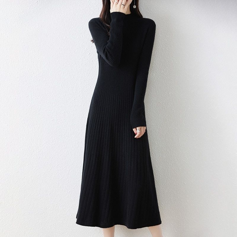 Women's Mid-length Knitted Dress Solid-color Casual Knee-length Sweater Dress Stylish Long Pullover for Autumn and Winter