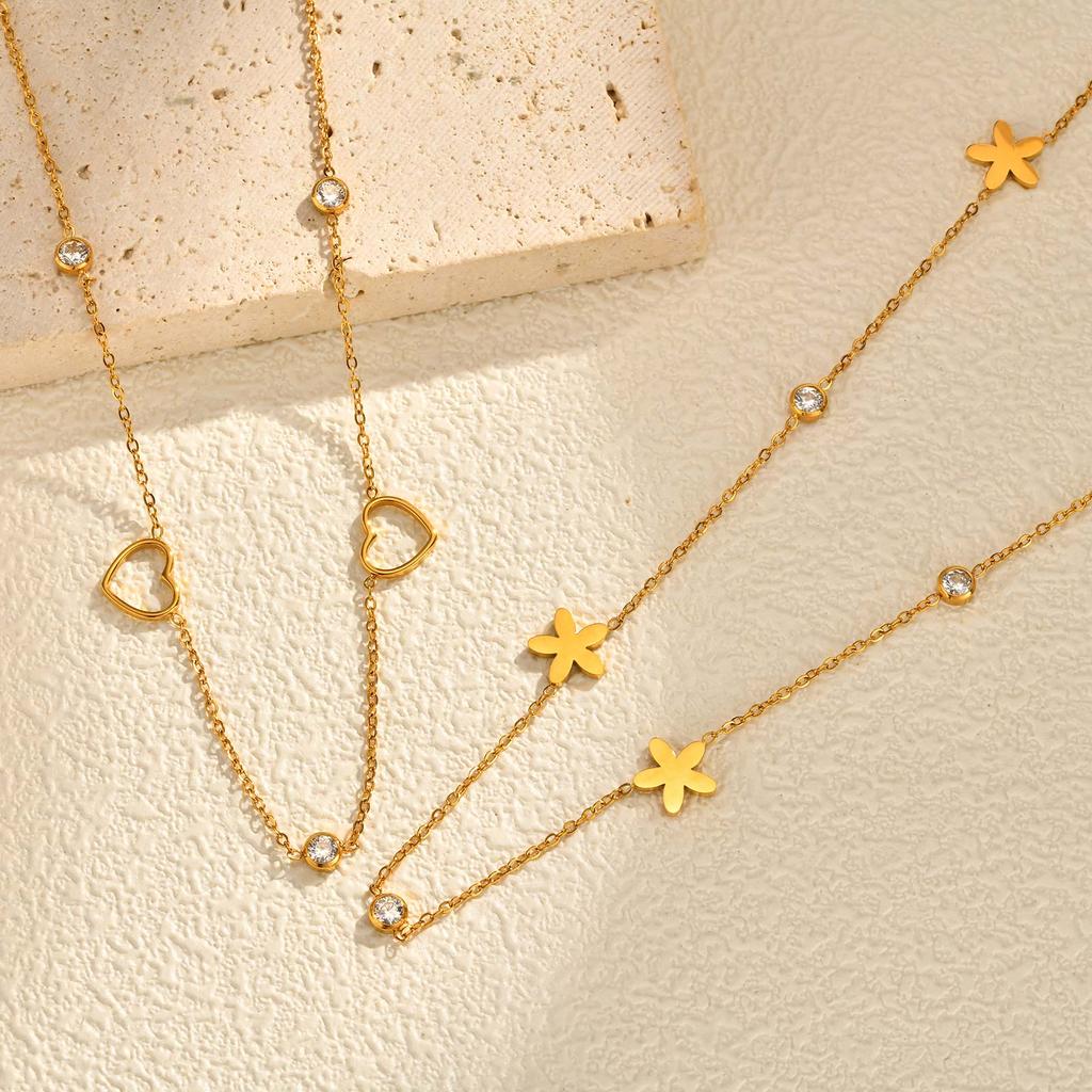 316L Stainless Steel Zirconia Heart Flower Chain Necklace, Women's Thin Link Clavicle Chain Choker,  Fashion Temperament Jewelry