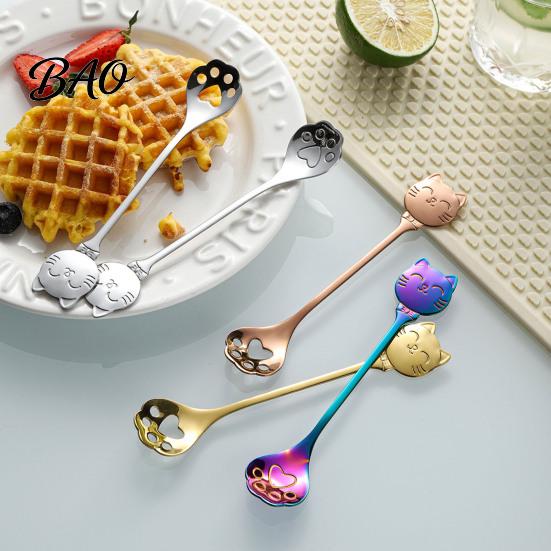 Cat Shaped Handle Spoon Coffee Spoon, Stainless Steel Paw Claw Teaspoon, Embossed Design Multi-Color Electroplated Stirring for Ice Cream Yogurt