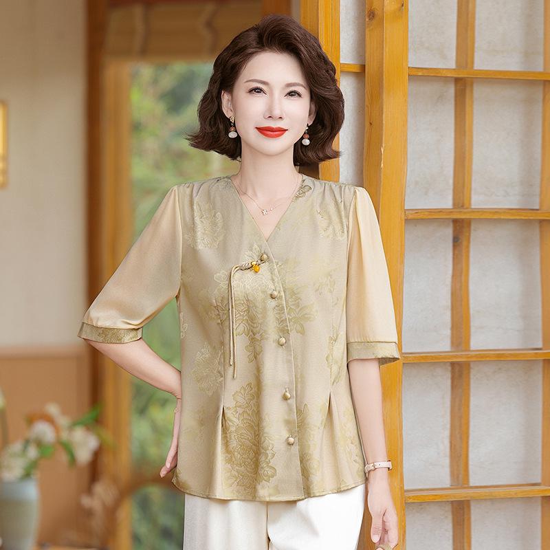 Stylish Summer Chinese Style T-Shirt for Middle-Aged and Elderly Mothers