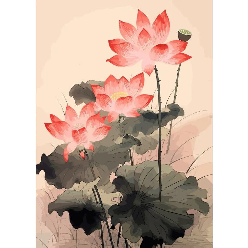 Vintage Traditonal Chinese Style Lotus Flower Pond Moonlight Landscape Art Poster Canvas Painting Wall Prints Picture Home Decor