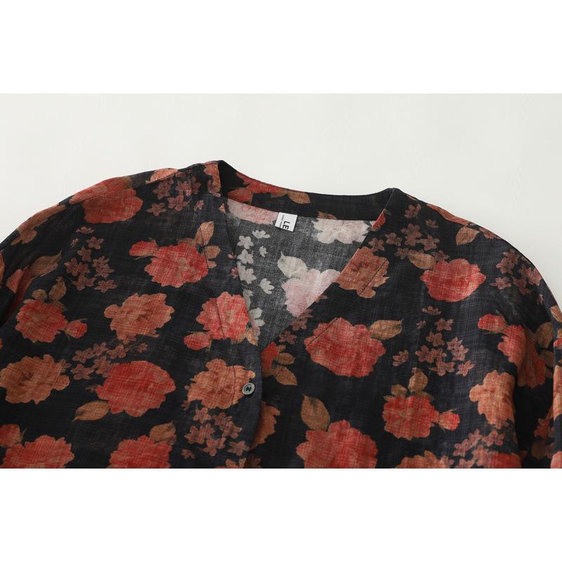 Autumn 2025 Retro Floral Ink Print V-Neck Cotton Linen Plus Size Casual Shirt One Size