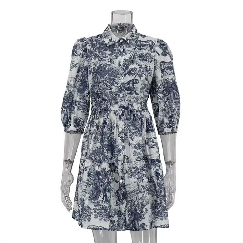 

Fashion Style New Arrival Print Retro Puff Sleeve Lapel Elegant Dress Printed Lace up Dress Blue L